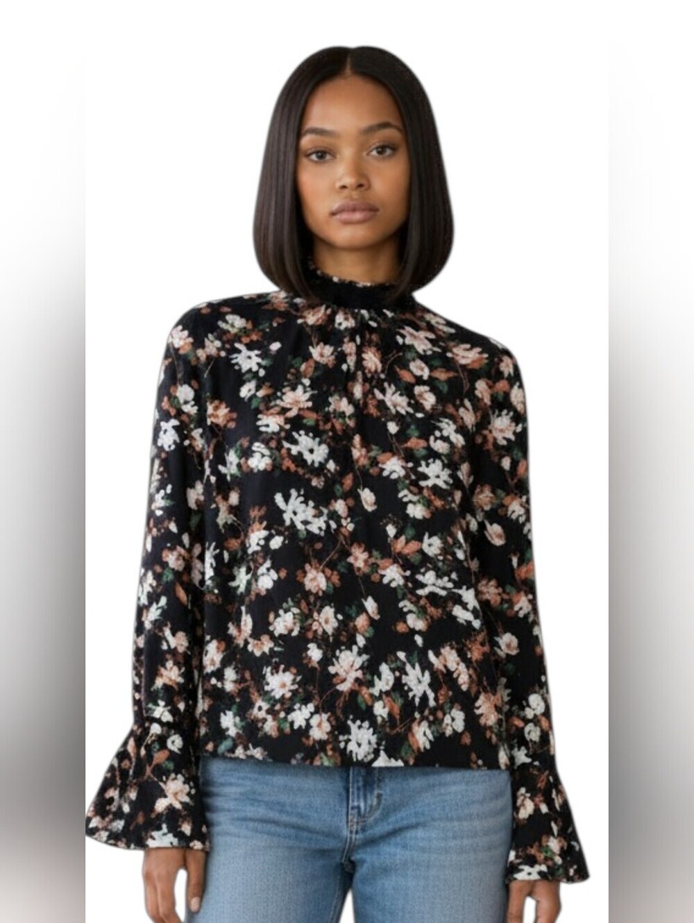 BP. Nordstrom Black Floral Blouse Flared Sleeve Tie Detail Velour Neck Poet XS